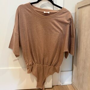 Pink Lily Taupe Short Sleeve Cinched Waist Bodysuit